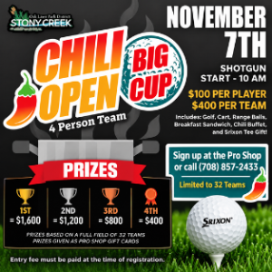 Chili Open golf scramble on November 7 with a 10 AM shotgun start, four-person teams, prizes, breakfast and a chili buffet.