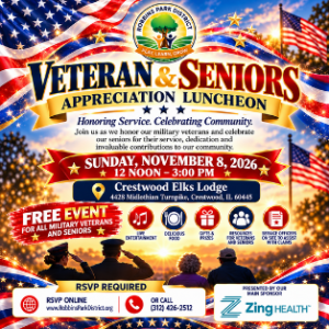 Veterans and Seniors Appreciation Luncheon on November 8, 2026 at Crestwood Elks Lodge, featuring food, entertainment, raffle prizes and community resources.