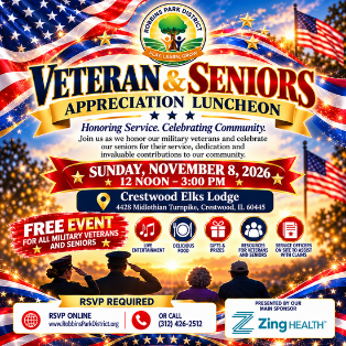 Veterans and Seniors Appreciation Luncheon on November 8, 2026 at Crestwood Elks Lodge, featuring food, entertainment, raffle prizes and community resources.